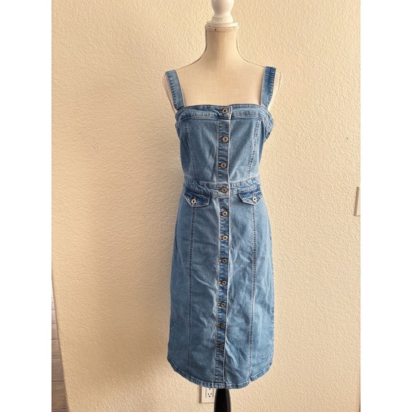 Girl-ish Dresses & Skirts - Girl-ish Denim Pinafore Dress Large Button Down Medium Wash Sleeveless Midi